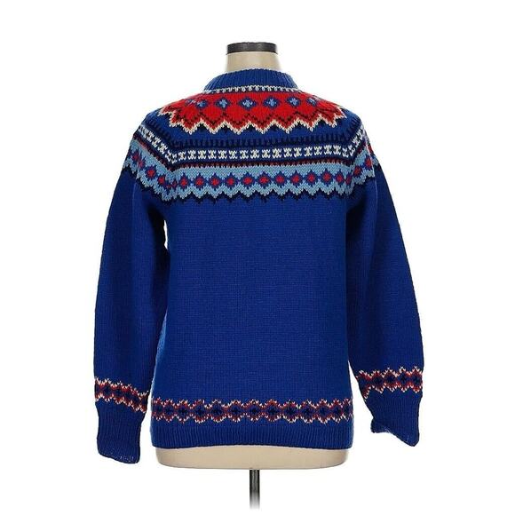 VTG Norse Knit Blue Fair Isle Red White Blue Cardigan Wool XL - Picture 2 of 3
